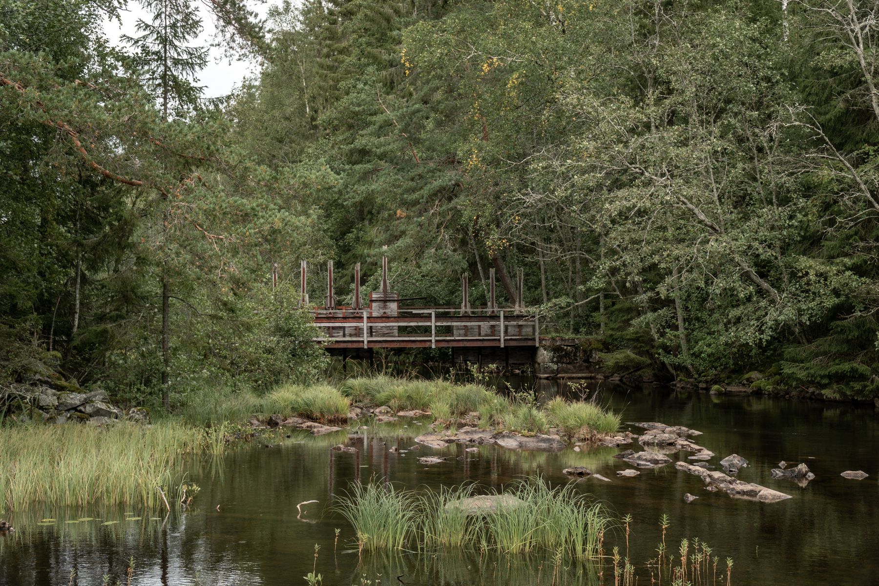 Wooden footbridge over the river